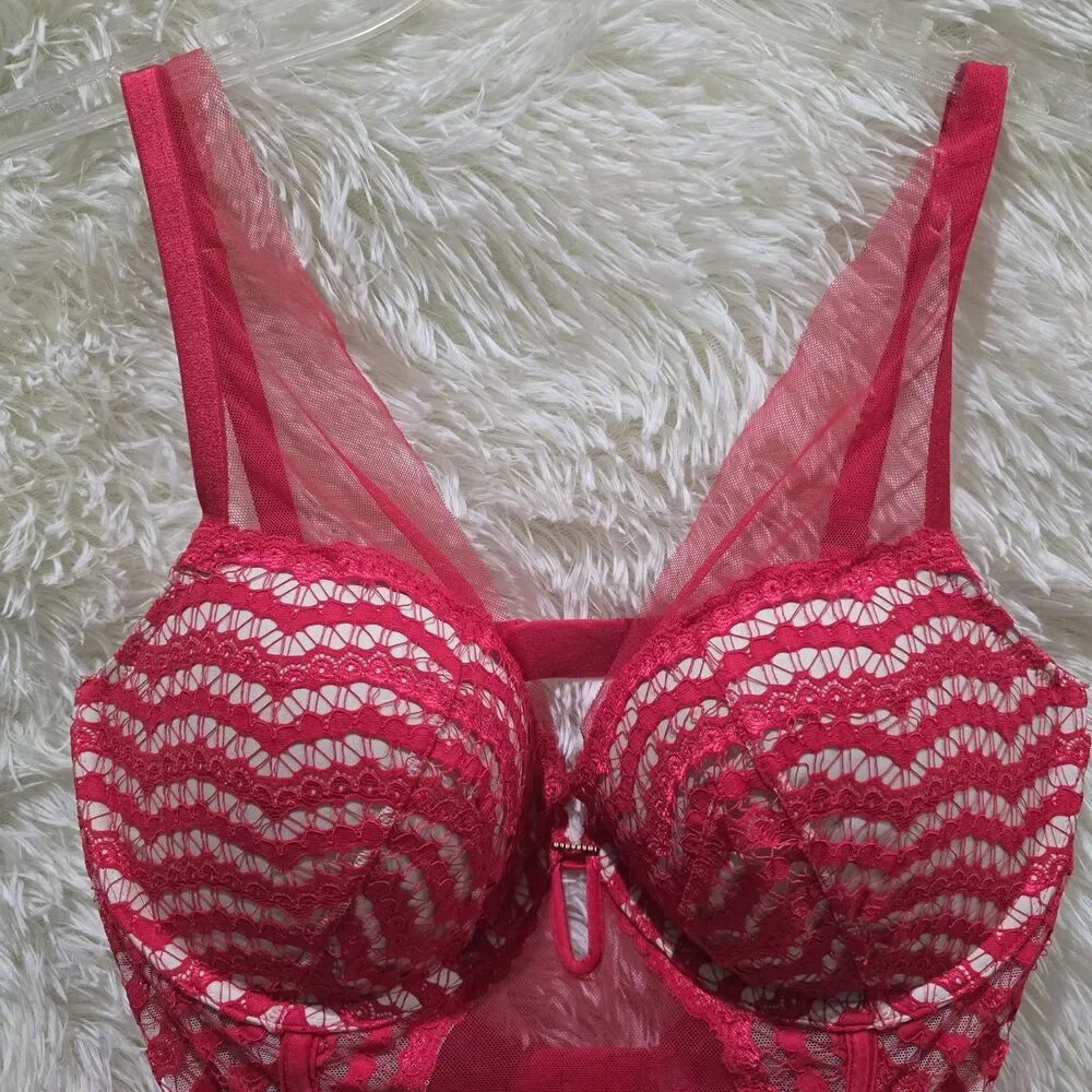Victorias Secret Very Sexy Lace Mesh Corset Garter Baby Doll Teddy Bra 34D Red